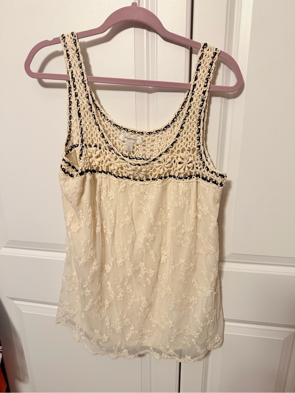 dressbarn Cream Lace & Crochet Tank Top with Black Trim